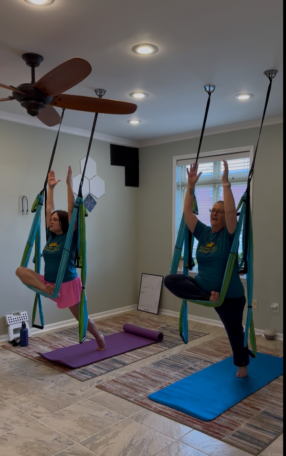 Women focusing on improving flexibility of hip flexors , balance and mobility